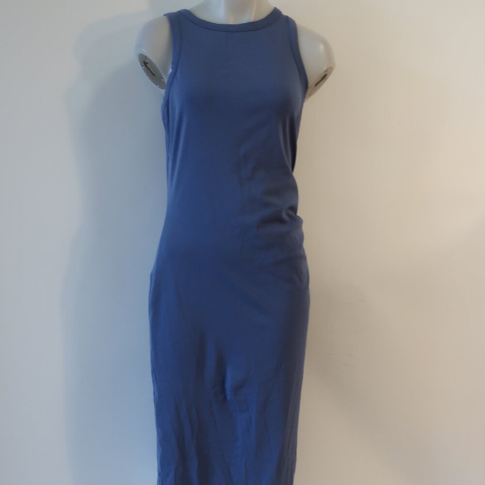 Womens Vince Blue Shirred Waist Cotton Blend Sleeveless Midi Tank Dress S/P